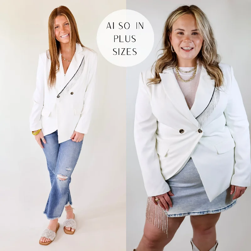 Classic Reimagined Blazer with Silver Fringe in White