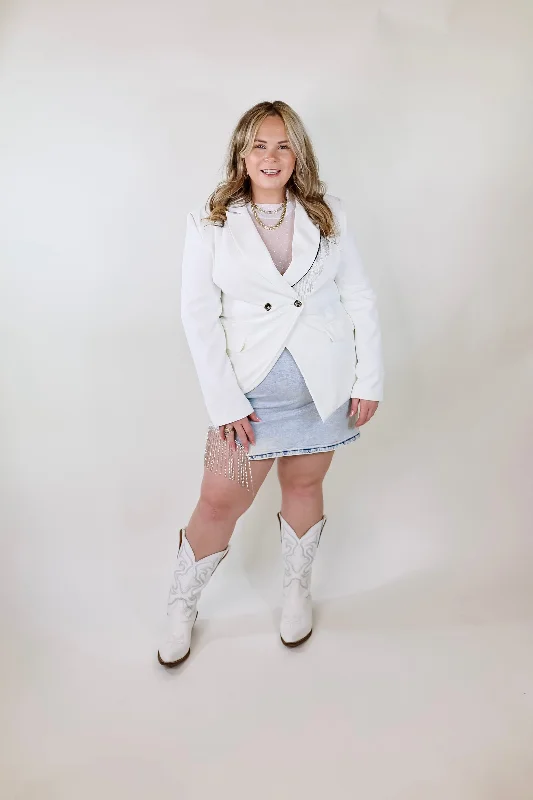 Classic Reimagined Blazer with Silver Fringe in White