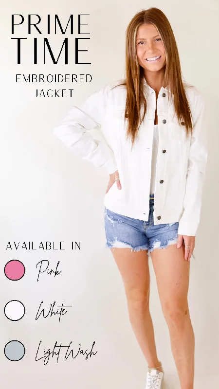 Prime Time Floral Embroidered Denim Jacket With Pockets in White