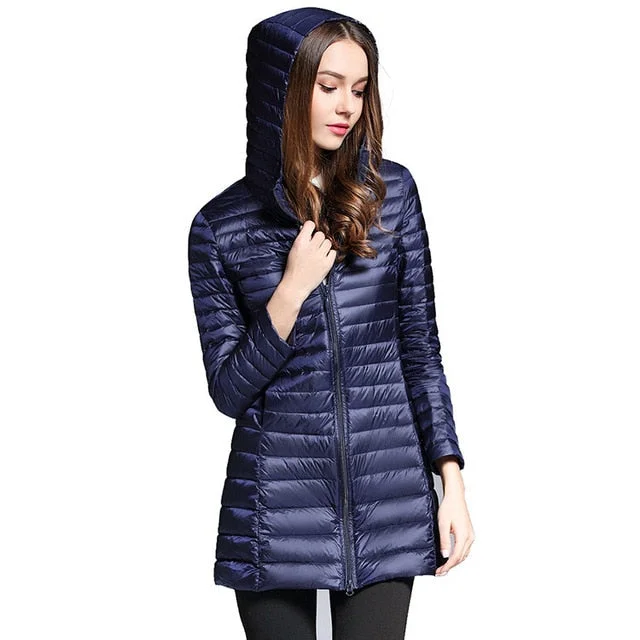 Long Down Jacket Women Winter Down Coats Ultra Light Down Jacket Quilted Hooded Coat Women Duck Downs Jacket Coat