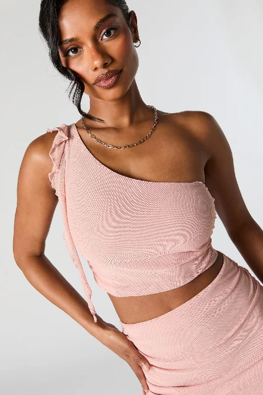 Mesh One Shoulder Ruffle Crop Top