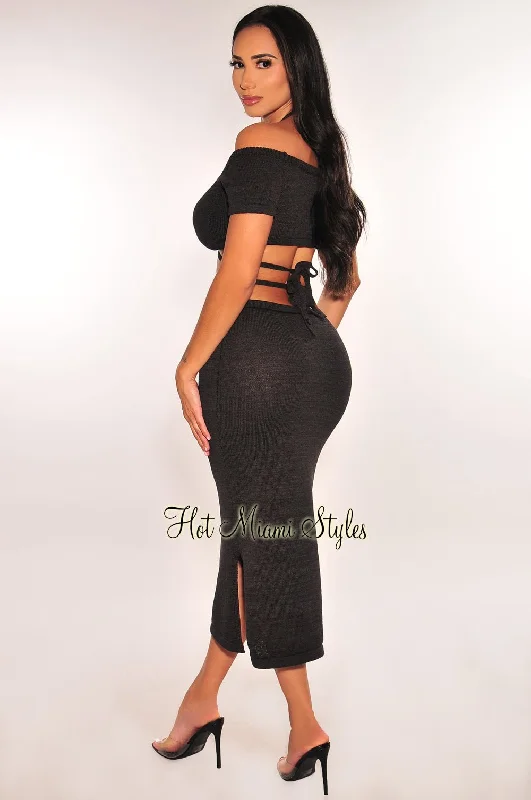 black-ribbed-knit-halter-off-shoulder-wrap-around-slit-skirt-two-piece-set