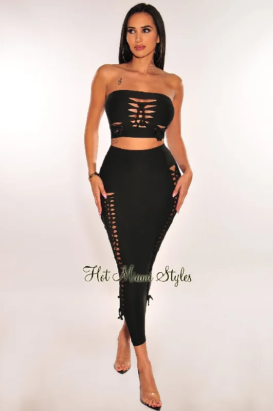 Black Strapless Cut Out Lace Up Midi Skirt Two Piece Set