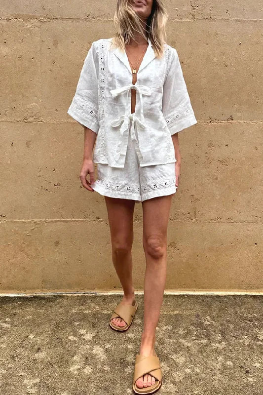 celebrate-vacation-linen-blend-lace-splicing-tie-up-shirt-and-elastic-waist-pocketed-shorts-set