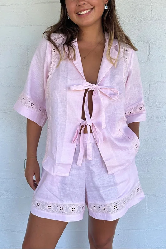 celebrate-vacation-linen-blend-lace-splicing-tie-up-shirt-and-elastic-waist-pocketed-shorts-set