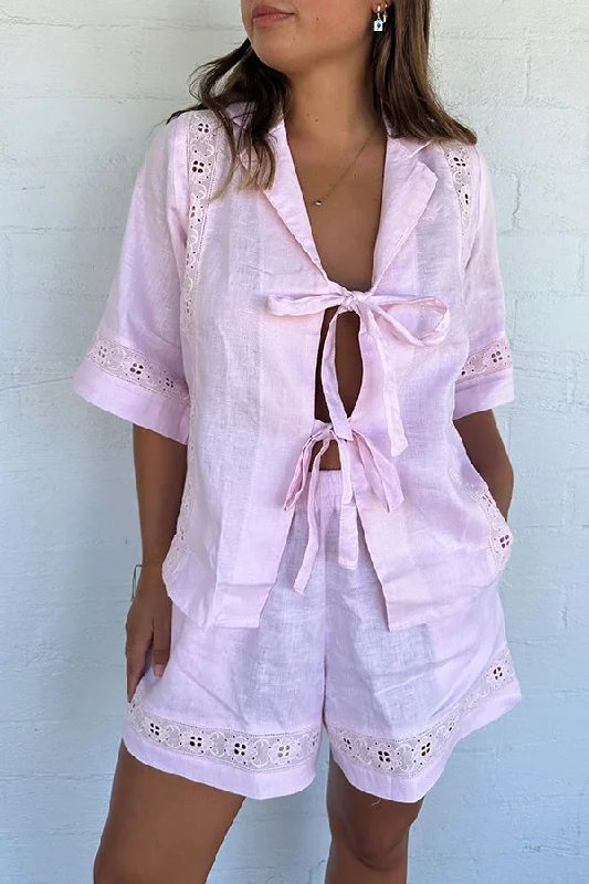 celebrate-vacation-linen-blend-lace-splicing-tie-up-shirt-and-elastic-waist-pocketed-shorts-set