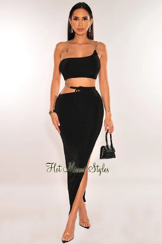 Black Gold Chain One Shoulder Cut Out Skirt Two Piece Set