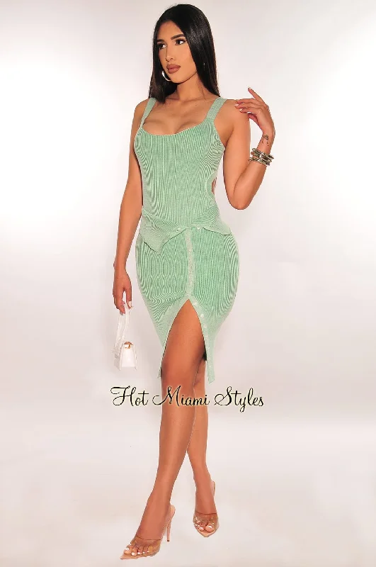 dusty-green-ribbed-cut-out-bodysuit-layover-button-up-skirt-two-piece-set