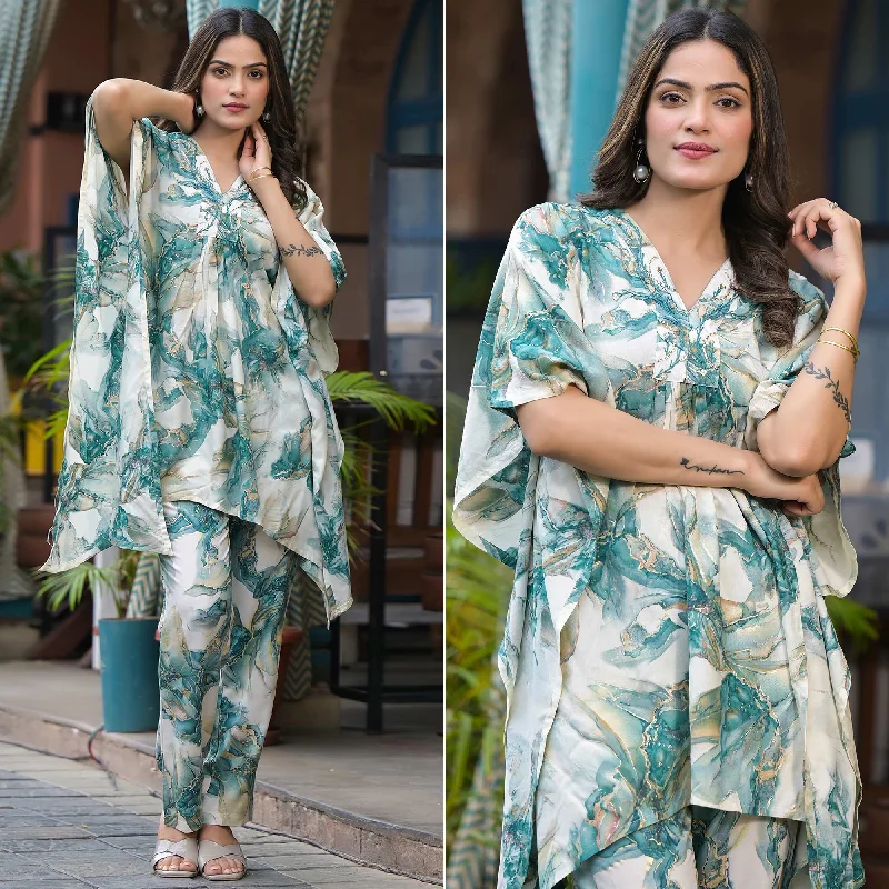 Green Foil Printed Rayon Kaftan Co-Ord Set