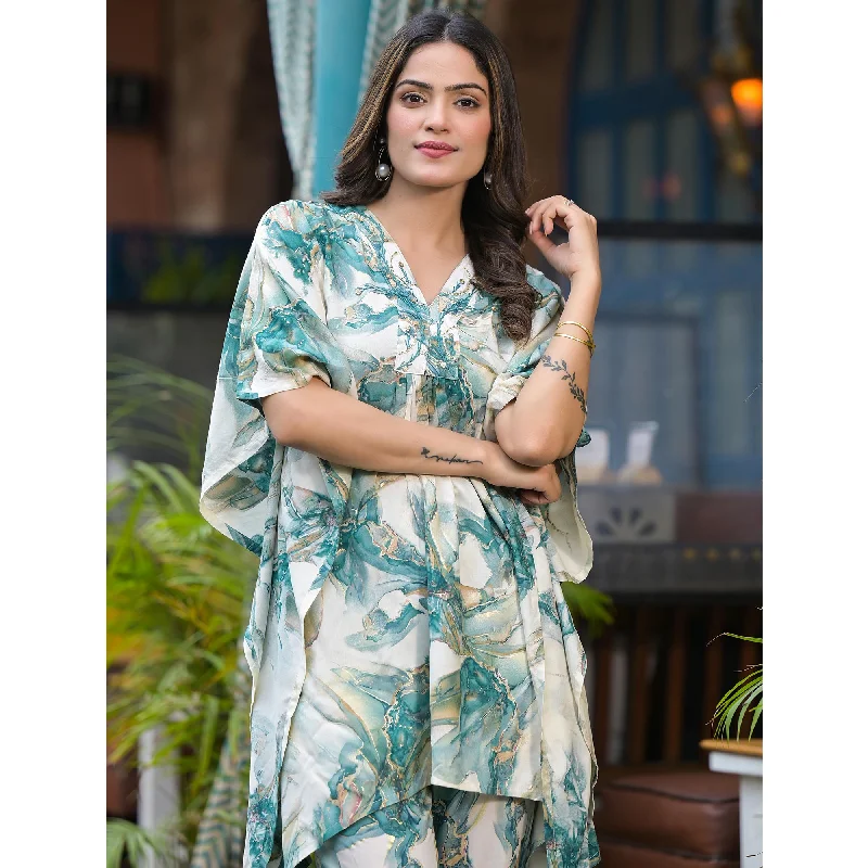 green-foil-printed-rayon-kaftan-co-ord-set