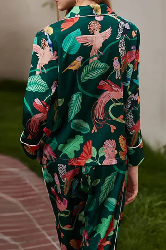 green-parrot-print-home-long-sleeved-two-piece-set