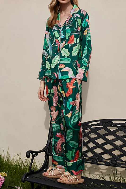 green-parrot-print-home-long-sleeved-two-piece-set