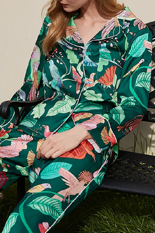 green-parrot-print-home-long-sleeved-two-piece-set