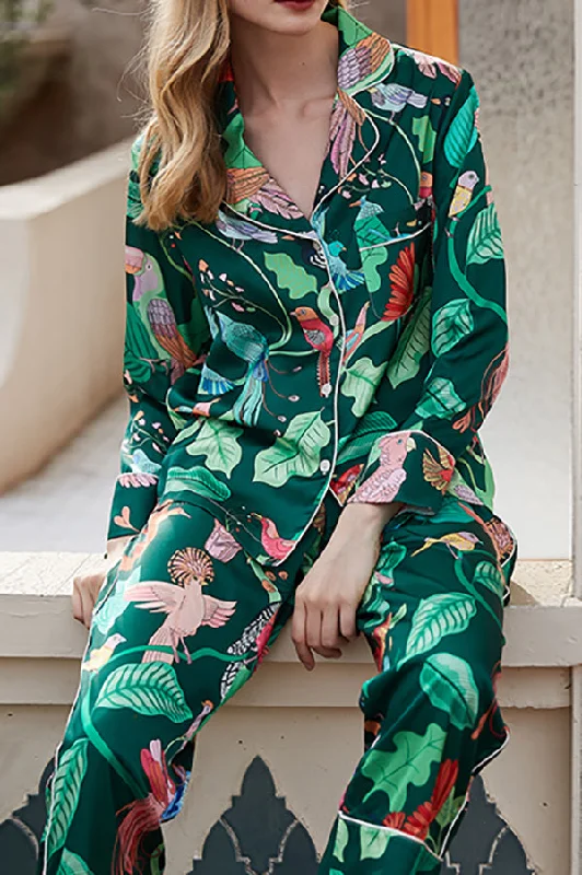 green-parrot-print-home-long-sleeved-two-piece-set