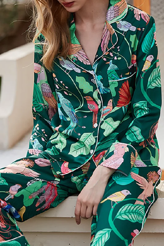 green-parrot-print-home-long-sleeved-two-piece-set