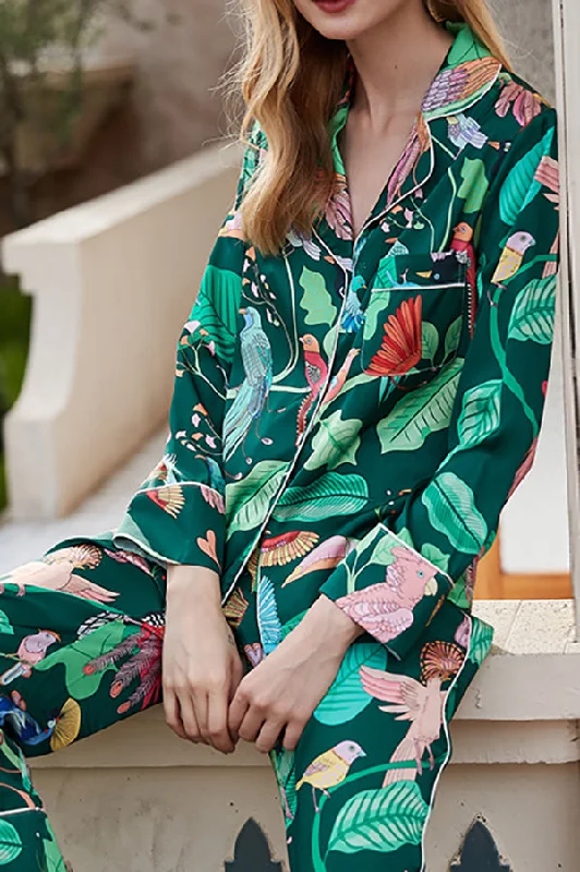 green-parrot-print-home-long-sleeved-two-piece-set