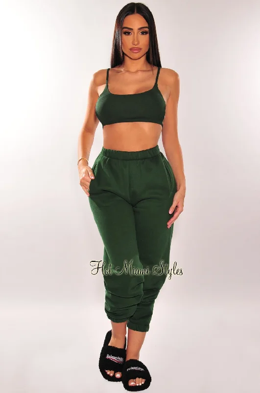 HMS Lounge: Hunter Green Ribbed Strappy Back Sweatpants Joggers Two Piece Set