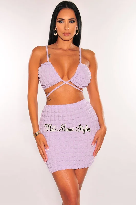 Lilac Bubble Textured Spaghetti Strap Tie Up Skirt Two Piece Set