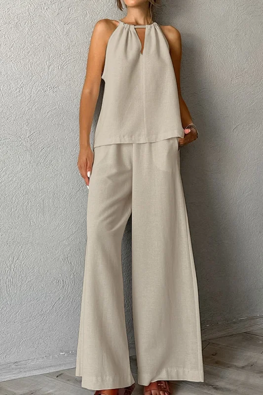 Sleeveless V-neck Top and Wide Leg Pants Set