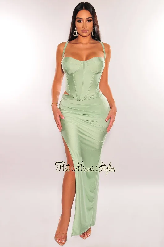 Mint Spaghetti Strap Padded Boned Corset Ruched Slit Skirt Two Piece Set