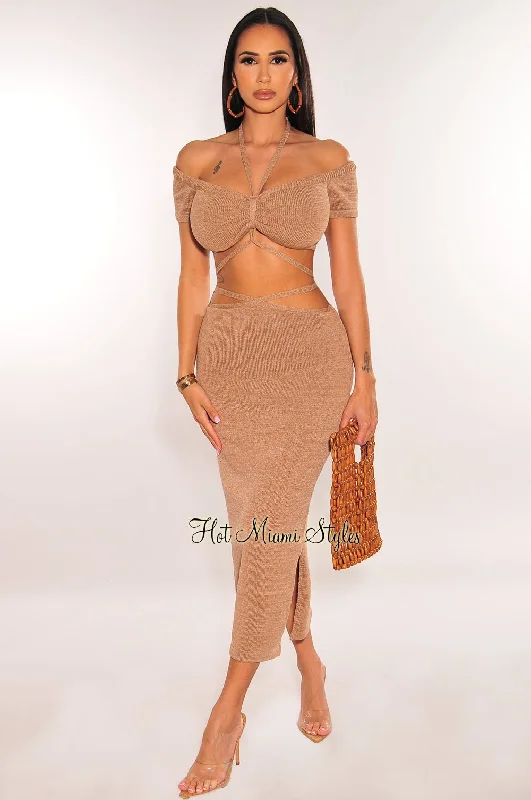 Mocha Ribbed Knit Halter Off Shoulder Wrap Around Slit Skirt Two Piece Set