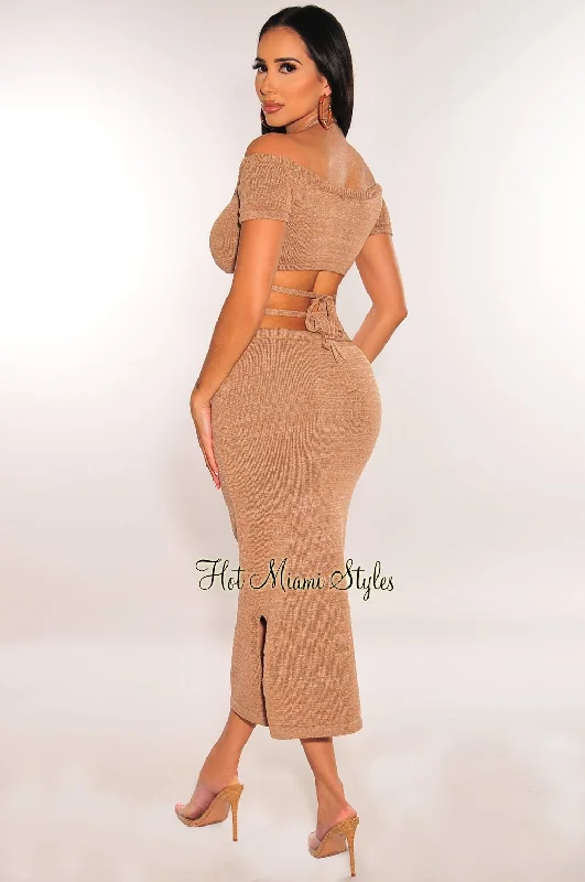 mocha-ribbed-knit-halter-off-shoulder-wrap-around-slit-skirt-two-piece-set