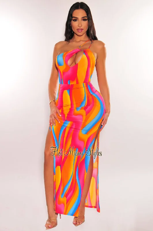 Multi Color Swirl Print One Shoulder Drawstring Bodysuit Double Slit Skirt Two Piece Set