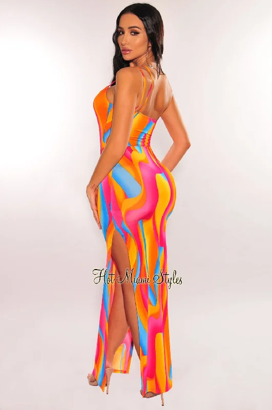 multi-color-swirl-print-one-shoulder-drawstring-bodysuit-double-slit-skirt-two-piece-set