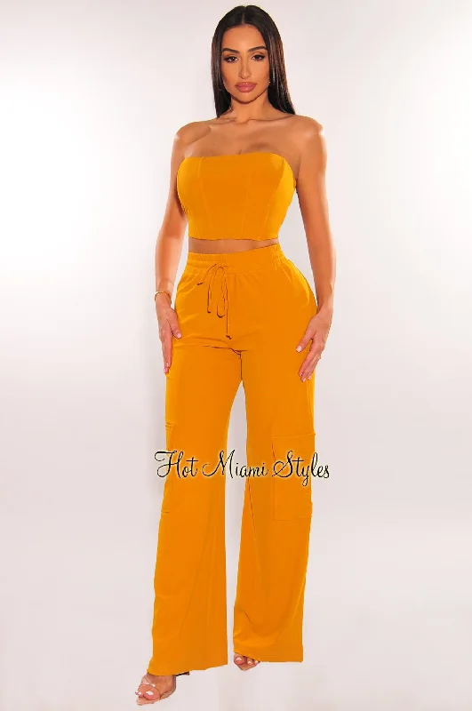 Mustard Ribbed Strapless Boned Corset Wide Leg Cargo Pant Two Piece Set