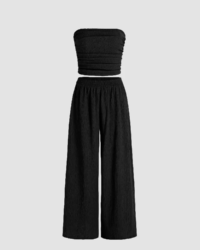 Off Shoulder Crop Top And Wide Leg Pant In Black