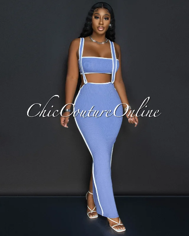 Ola Blue White Tube Crop Top & Overall Skirt Set