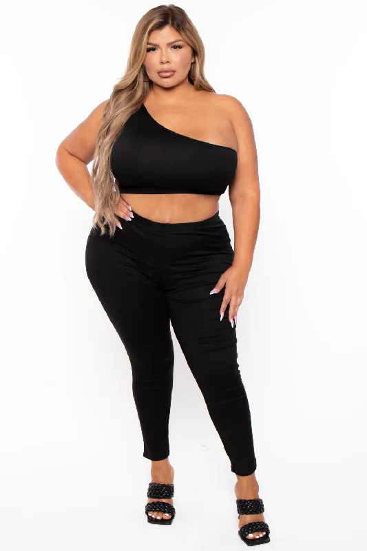 Plus Size Crop Top And Leggings Set - Black