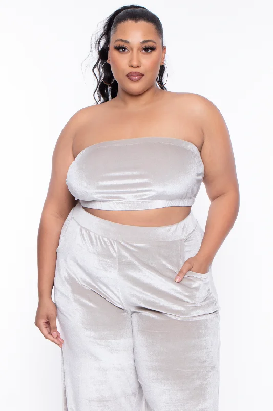 Plus Size Eloise Velour Bandeau & Pant Set - Stone