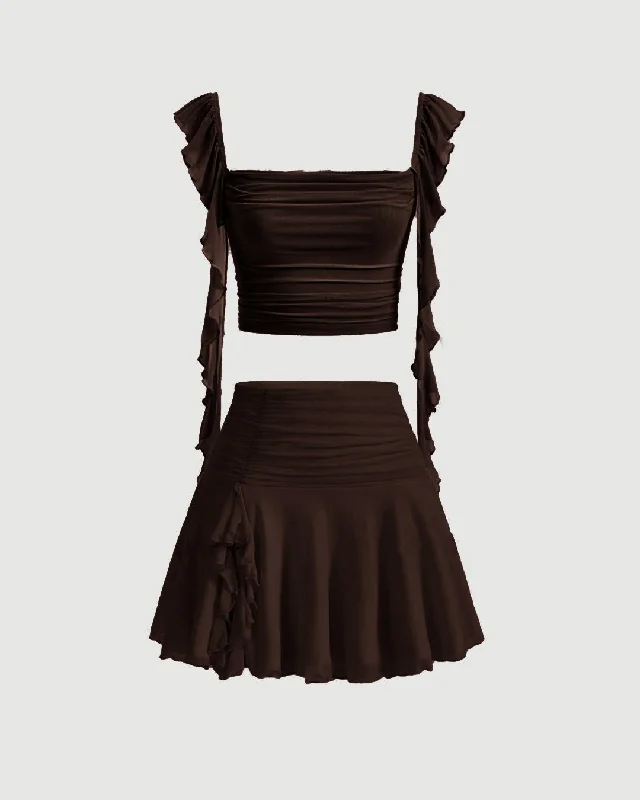 Ruffle Crop Top With Aesthetic Pleated High Waist Coco Brown Mini Skirts