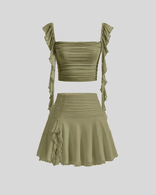 Ruffle Crop Top With Aesthetic Pleated High Waist Herbal Green Mini Skirts