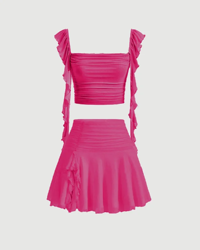 Ruffle Crop Top With Aesthetic Pleated High Waist Hot Pink Mini Skirts