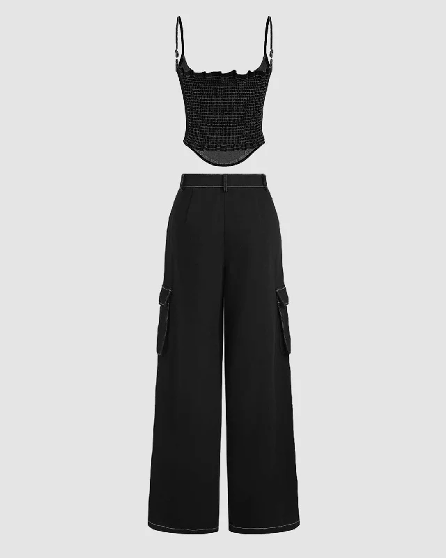 set-of-two-corset-style-crop-top-contrast-stitch-womens-cargo-in-black