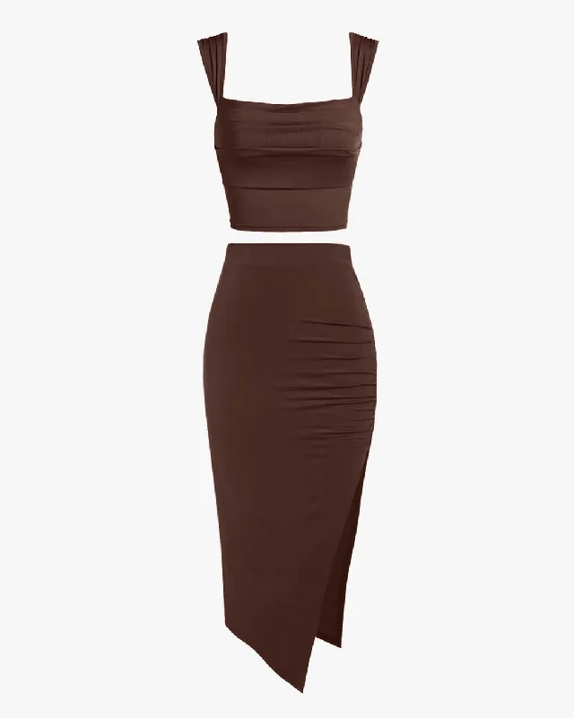 Set Of Two: Crop Top With High Waisted Side Split Skirt In Brown