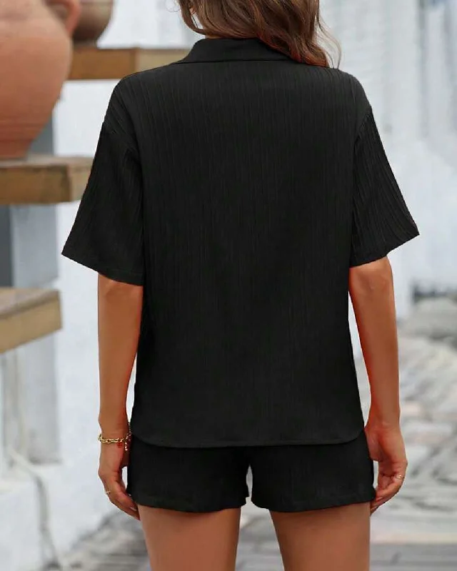 solid-button-front-shirt-and-pajama-short-set-in-black