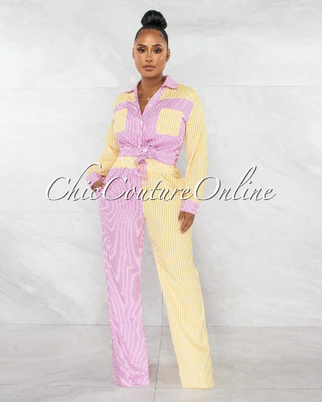 Tesher Pink Yellow Stripes Shirt & Wide Pants Set