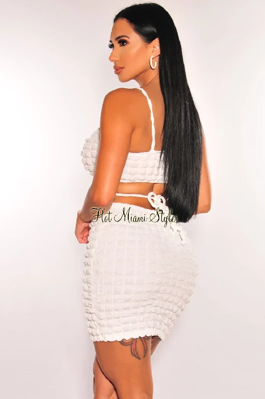 white-bubble-textured-spaghetti-strap-tie-up-skirt-two-piece-set