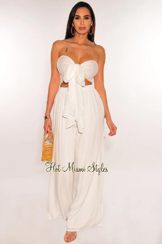 White Tie Up Tube Top Button Down Wide Leg Pants Two Piece Set