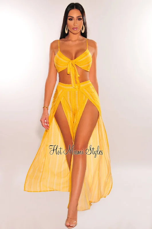 Yellow White Striped Spaghetti Straps Tie Up Double Slit Pants Two Piece Set