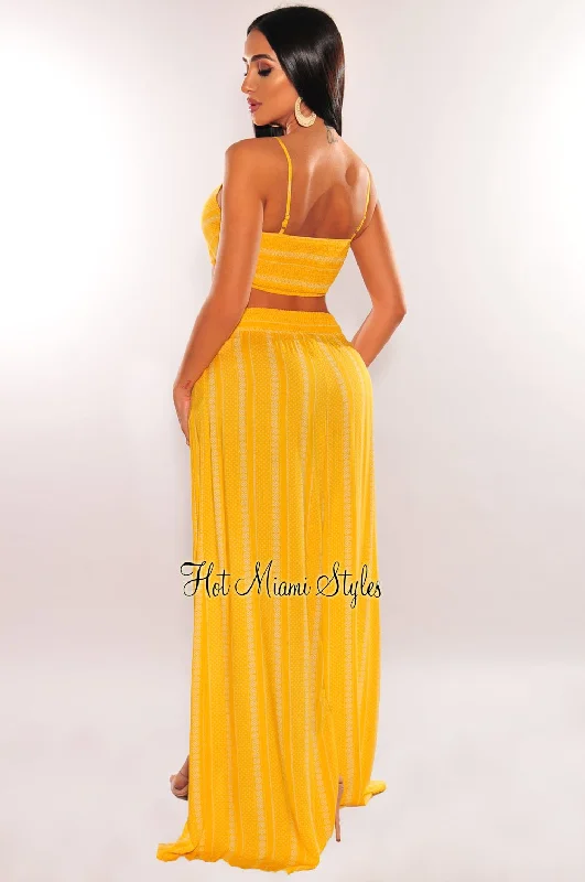 yellow-white-striped-spaghetti-straps-tie-up-double-slit-pants-two-piece-set