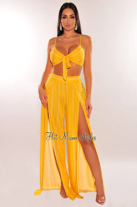 yellow-white-striped-spaghetti-straps-tie-up-double-slit-pants-two-piece-set