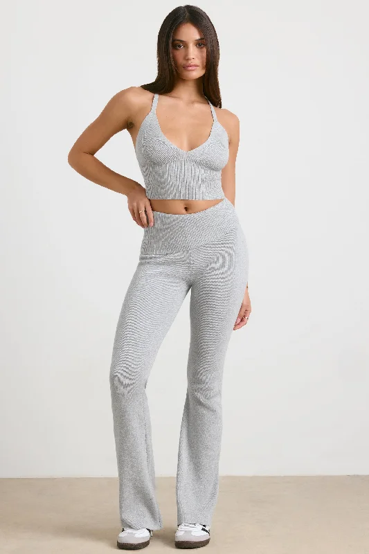 Muse - Petite Chunky Knit Kick Flare Trousers in Heather Grey