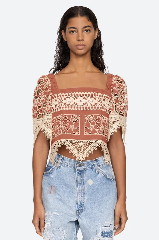 Joah Embroidery Tie Back Top Brick