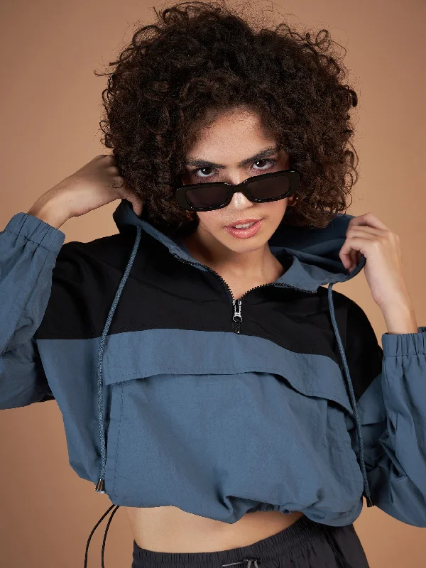 Women Black ColourBlock Parachute Hoodie