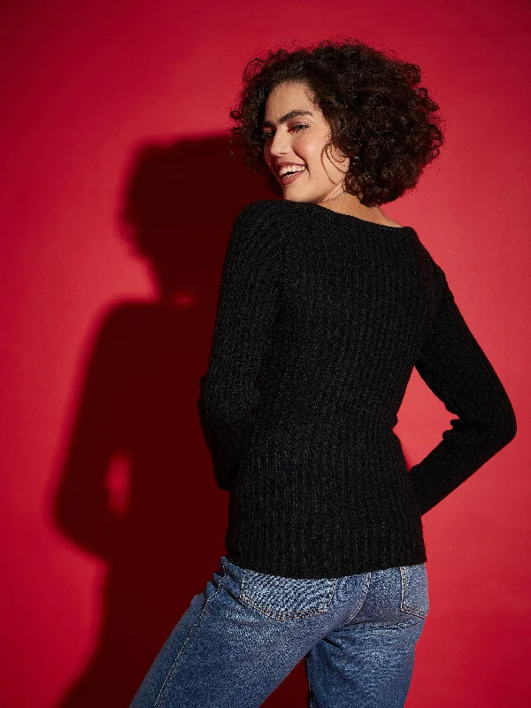 Women Black Rib V-Neck Sweater