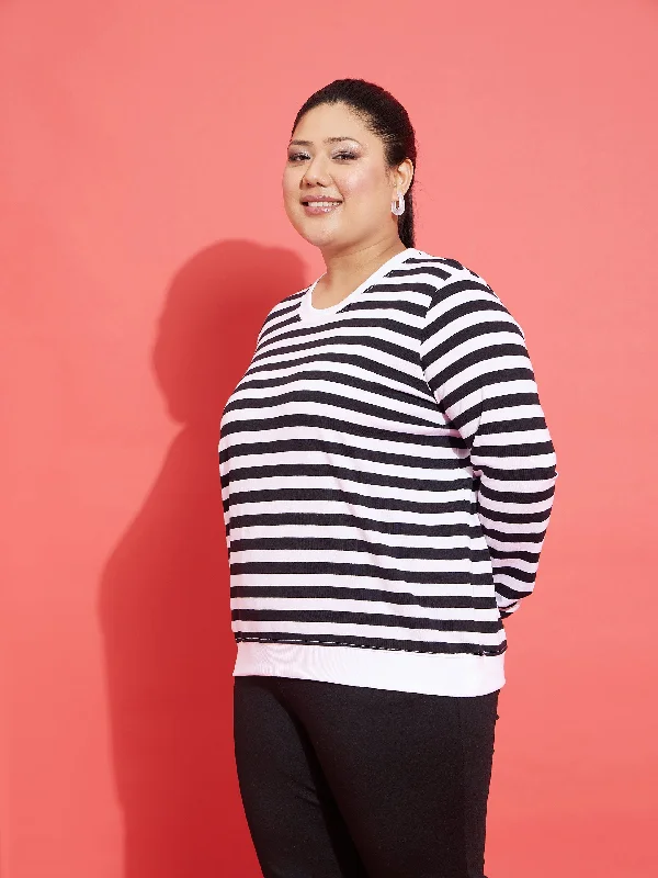 Women Black & White Fleece Striped Sweatshirt